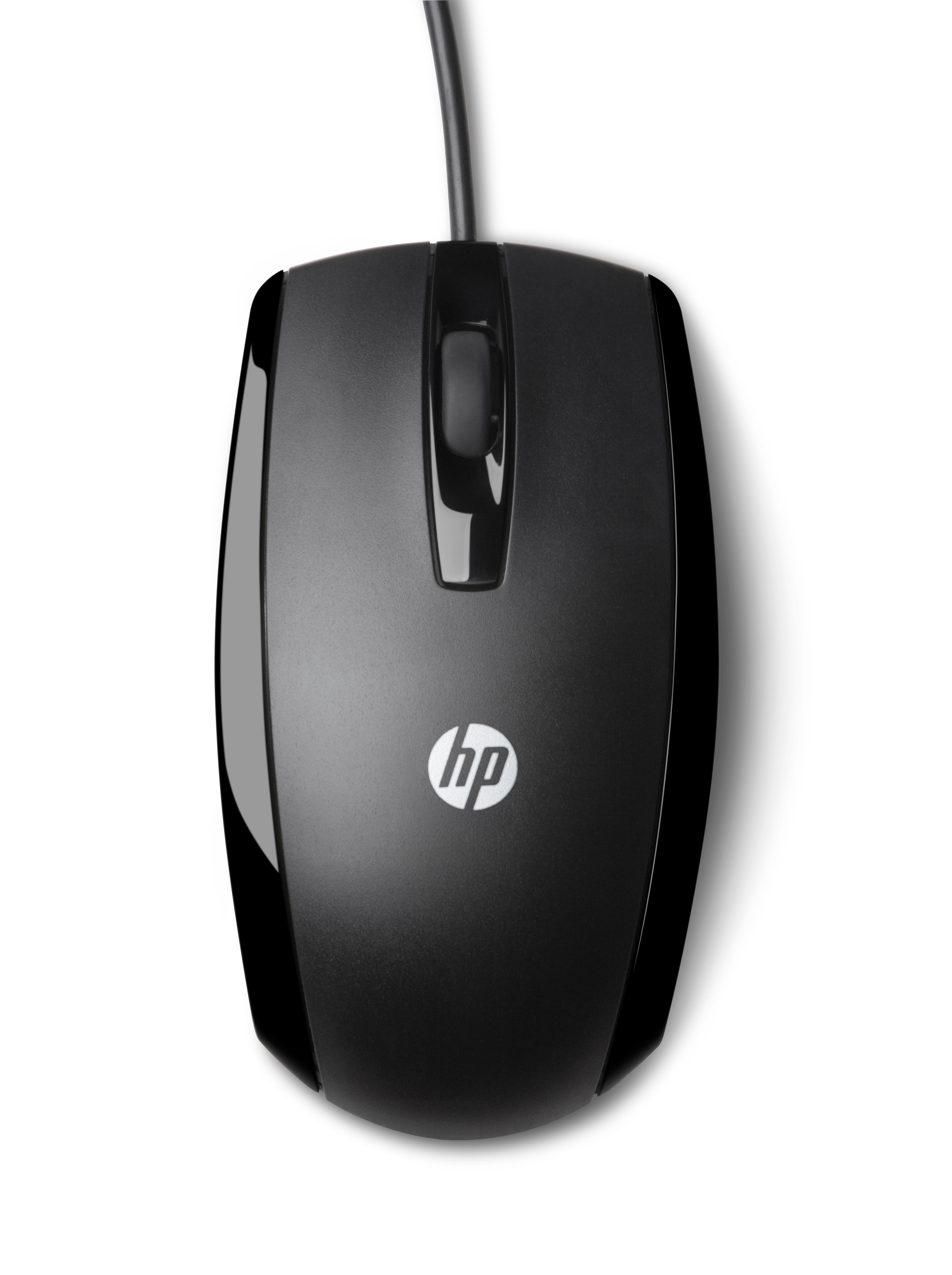 Black computer mouse, top view, white background, HP logo.