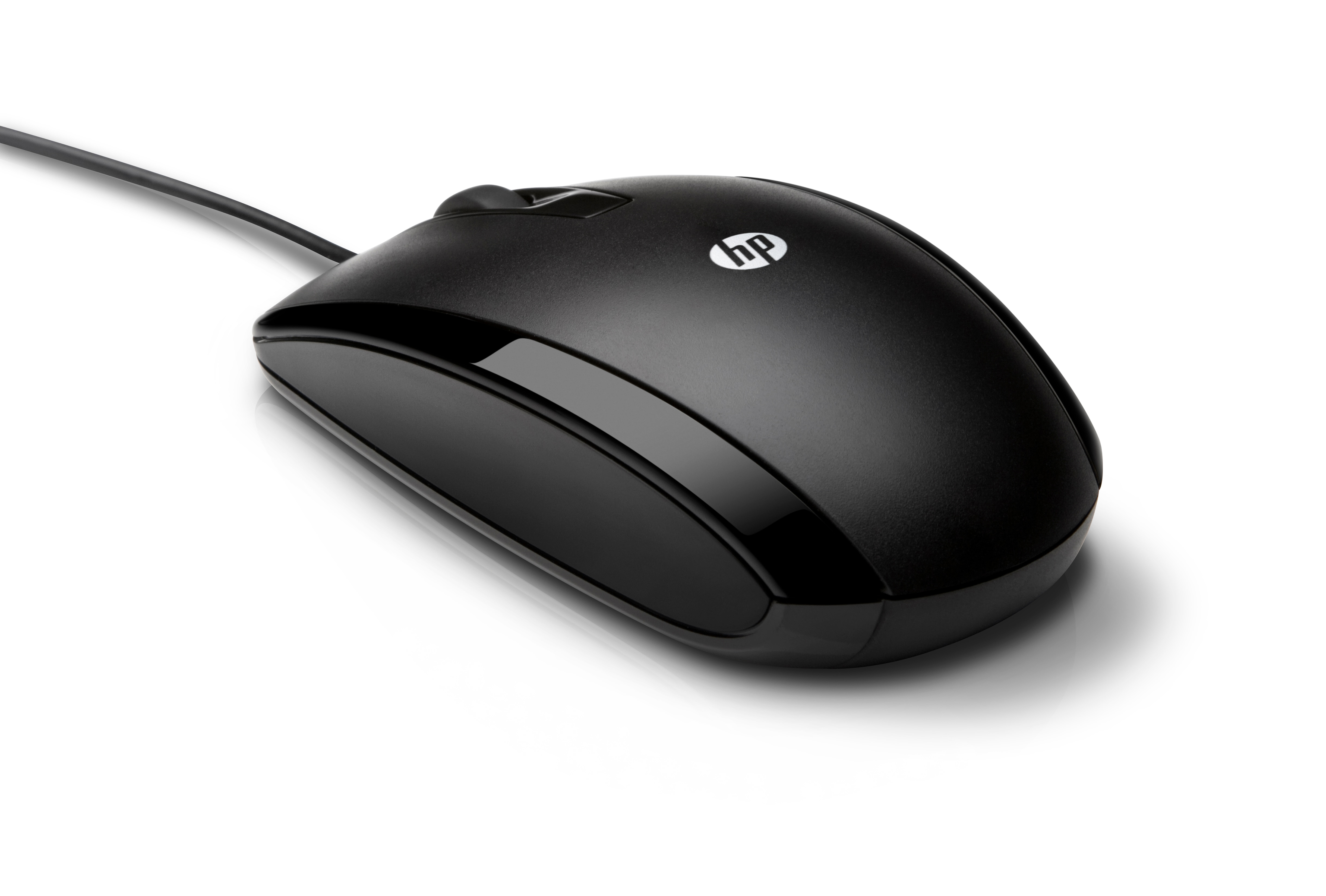 Black computer mouse, angled view, white background, HP logo.