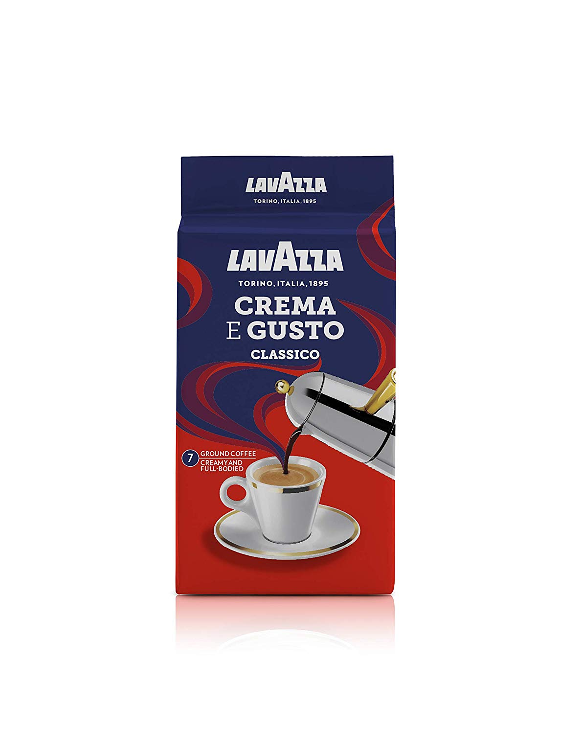 Lavazza kávécsomag, egy töltött csészével, és a Crema e Gusto Classico szavakkal.