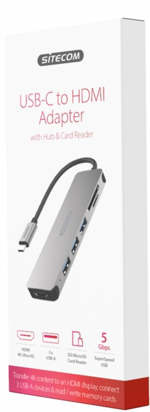 SITECOM Hub USB-C à HDMI + Lecteur carte Gris (CN-407)
