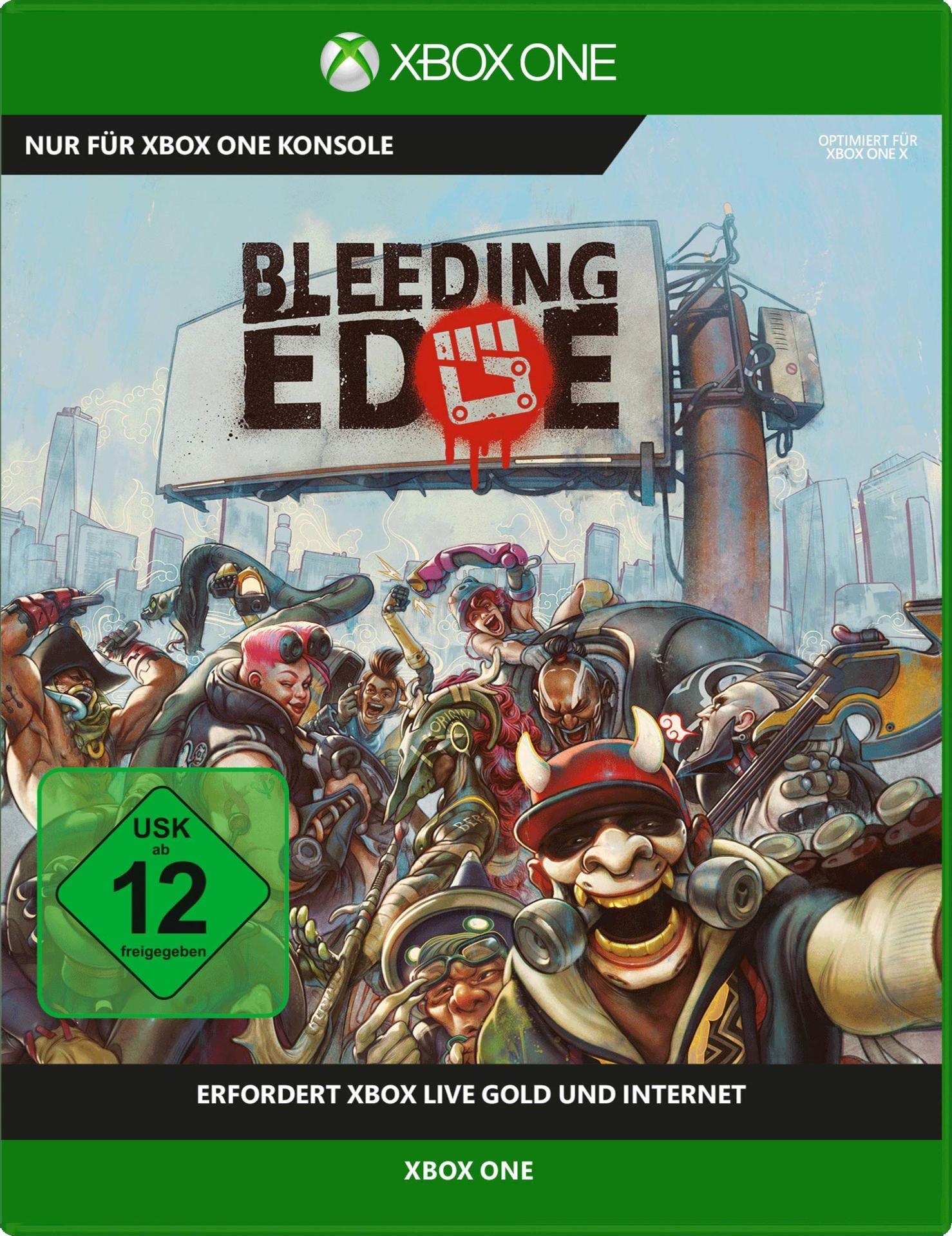 Xbox One-Spielcover: 'Bleeding Edge' mit Charakteren in städtischer Umgebung.