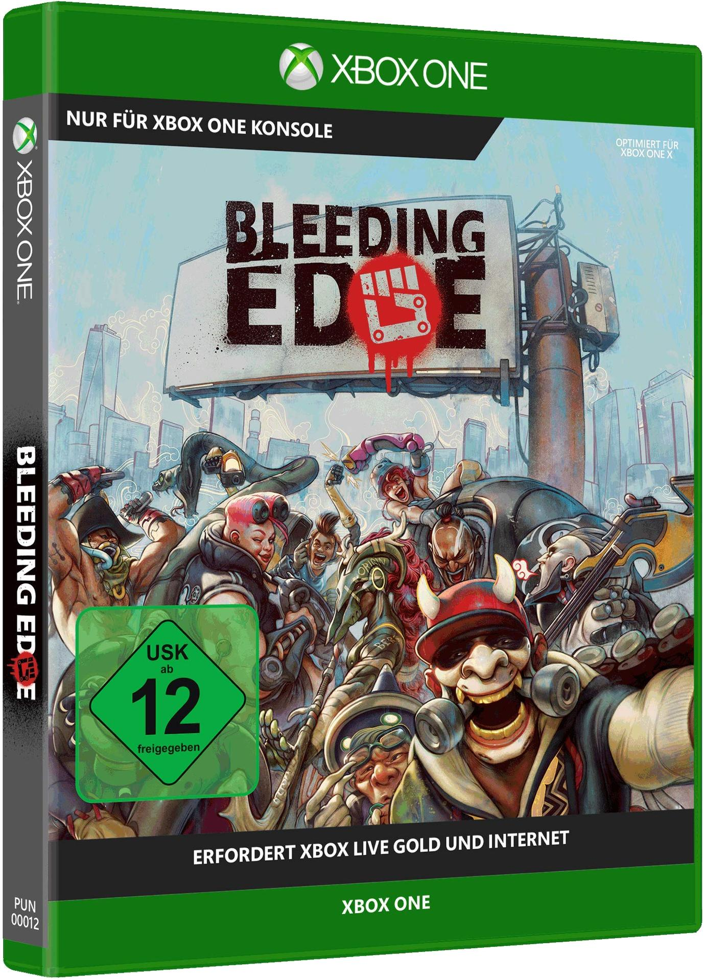 Eine Spielbox für "Bleeding Edge" für Xbox One. Es zeigt Charaktere und die ESRB-Bewertung.