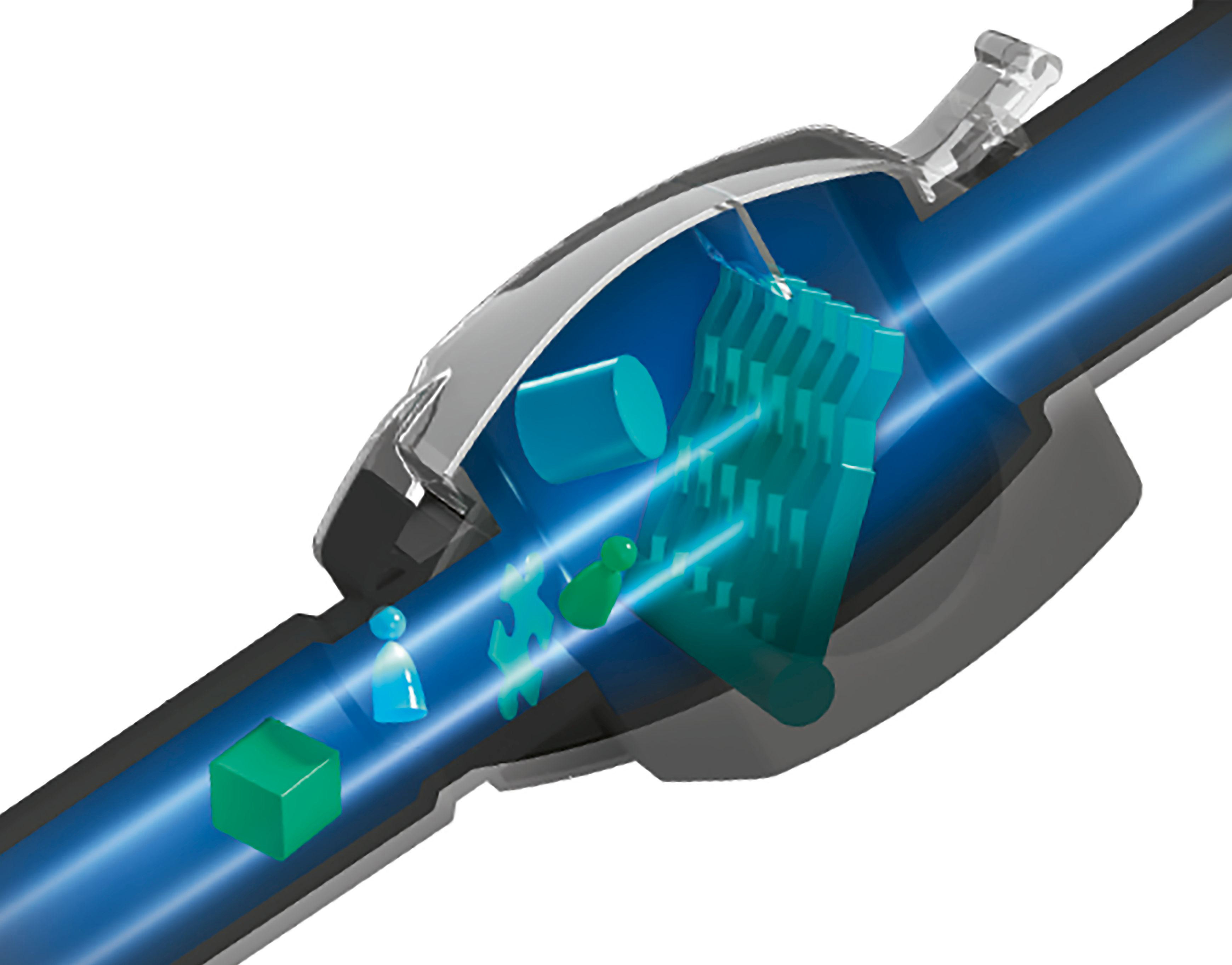Ein Querschnitt eines Mechanismus mit grünen und blauen Formen in einem blauen Rohr.