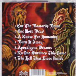 Albumcover mit dämonischer Figur und Songtiteln auf feurigem Hintergrund.