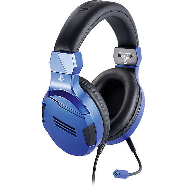 Blaue und schwarze Gaming-Kopfhörer. Die Kopfhörer befinden sich auf einer weißen Oberfläche. Die Marke wird angezeigt.
