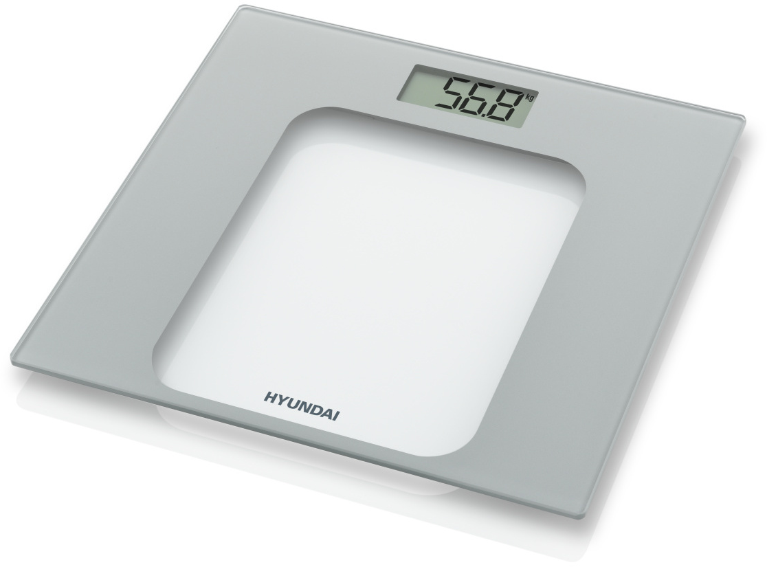 Egy szürke Hyundai digitális fürdőszobamérleg fehér középpel, 56,8 kg-ot mutatva.