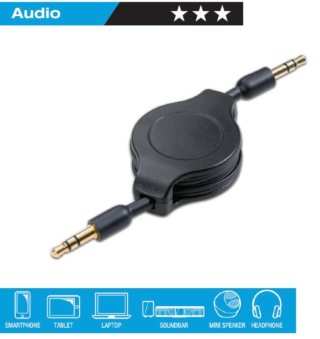 Schwarzes Audiokabel mit zwei goldenen Steckern. Das Kabel hat einen schwarzen Abschnitt. Weißer Hintergrund.