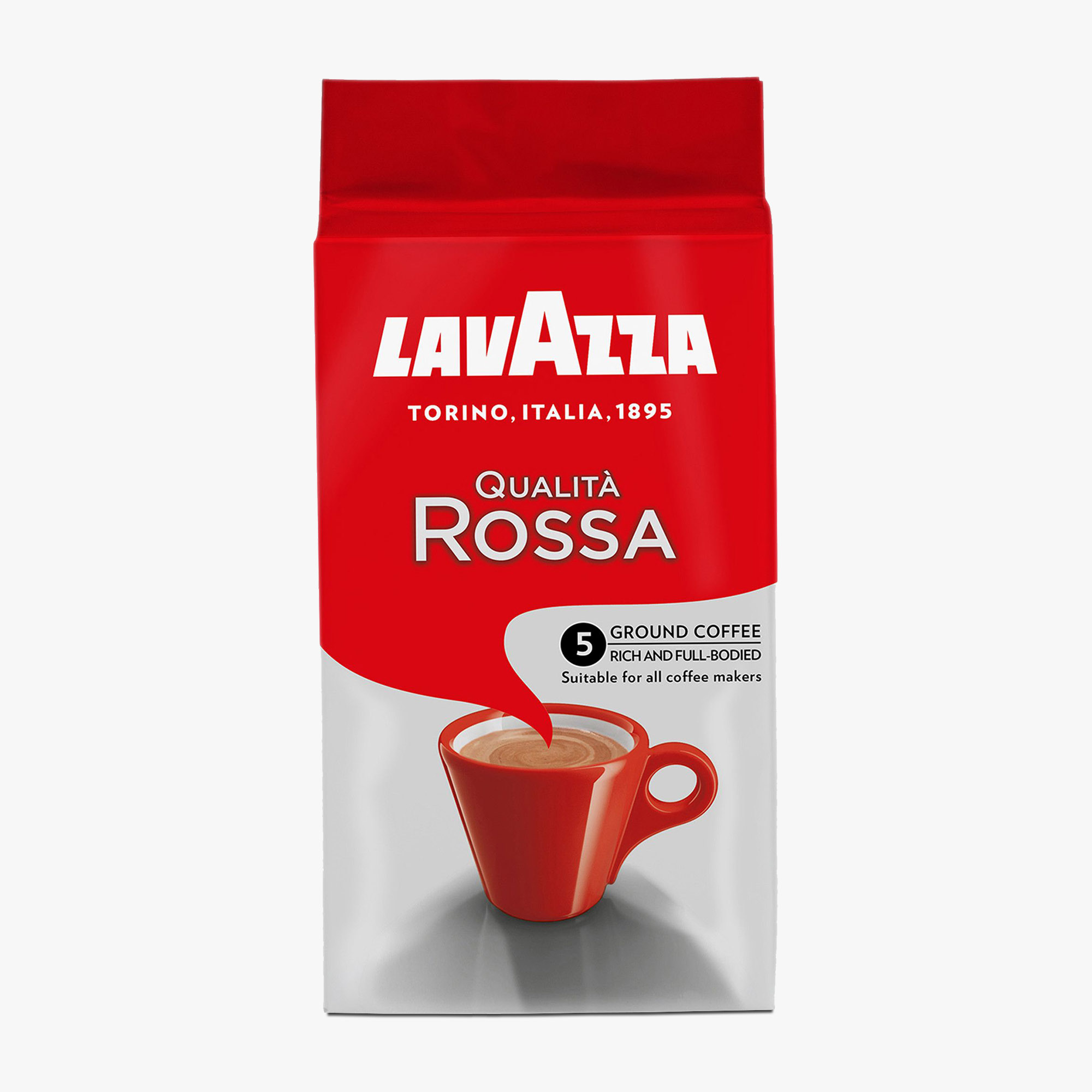 Piros-fehér Lavazza kávéscsomag. Piros csésze kávéval és szöveggel. Fehér háttér.