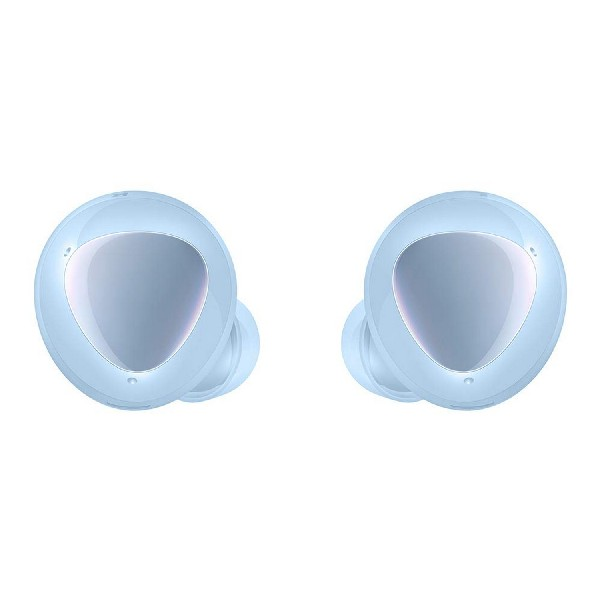 Dos auriculares azules con detalles plateados brillantes.