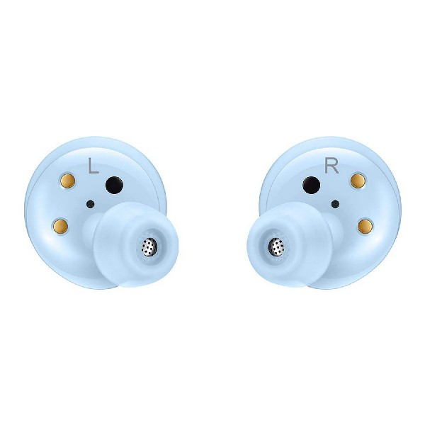 Dos auriculares azul claro, etiquetados L y R. Fondo blanco.