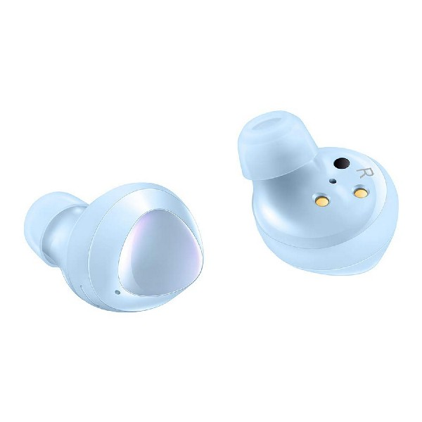 Dos auriculares inalámbricos celeste, uno mirando a la izquierda, el otro a la derecha.