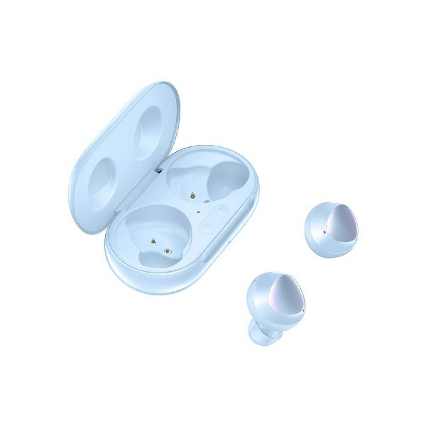 Auriculares inalámbricos azules, estuche abierto. Dos auriculares y el estuche. Fondo blanco.