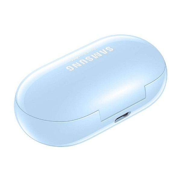 Funda azul claro Samsung Galaxy Buds. Forma ovalada, con un puerto de carga.