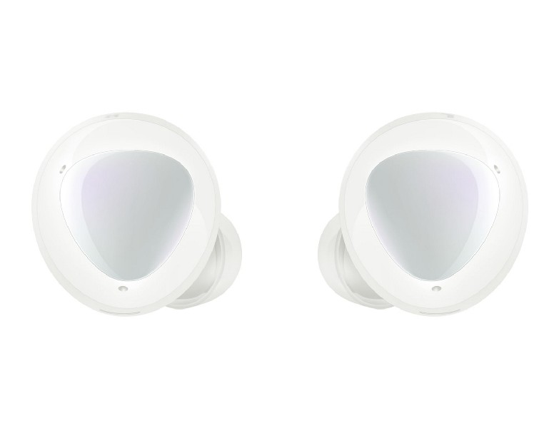 Dos auriculares blancos Samsung, vista superior, aislados sobre fondo blanco.
