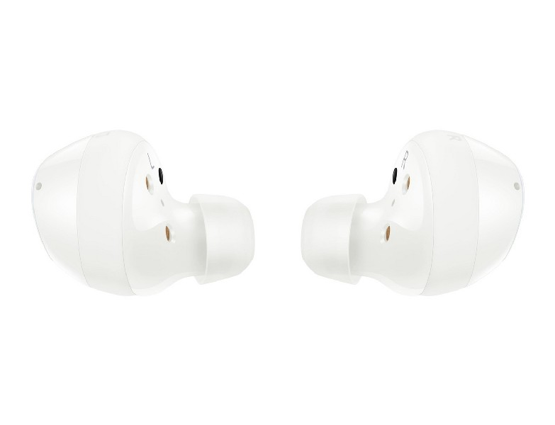 Dos auriculares blancos colocados uno al lado del otro, ligeramente angulados, con un fondo simple.