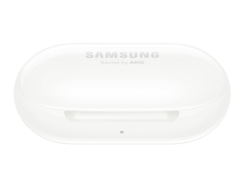 Estuche de carga inalámbrica Samsung blanco. Samsung y Sound by AKG impresos. Vista superior.