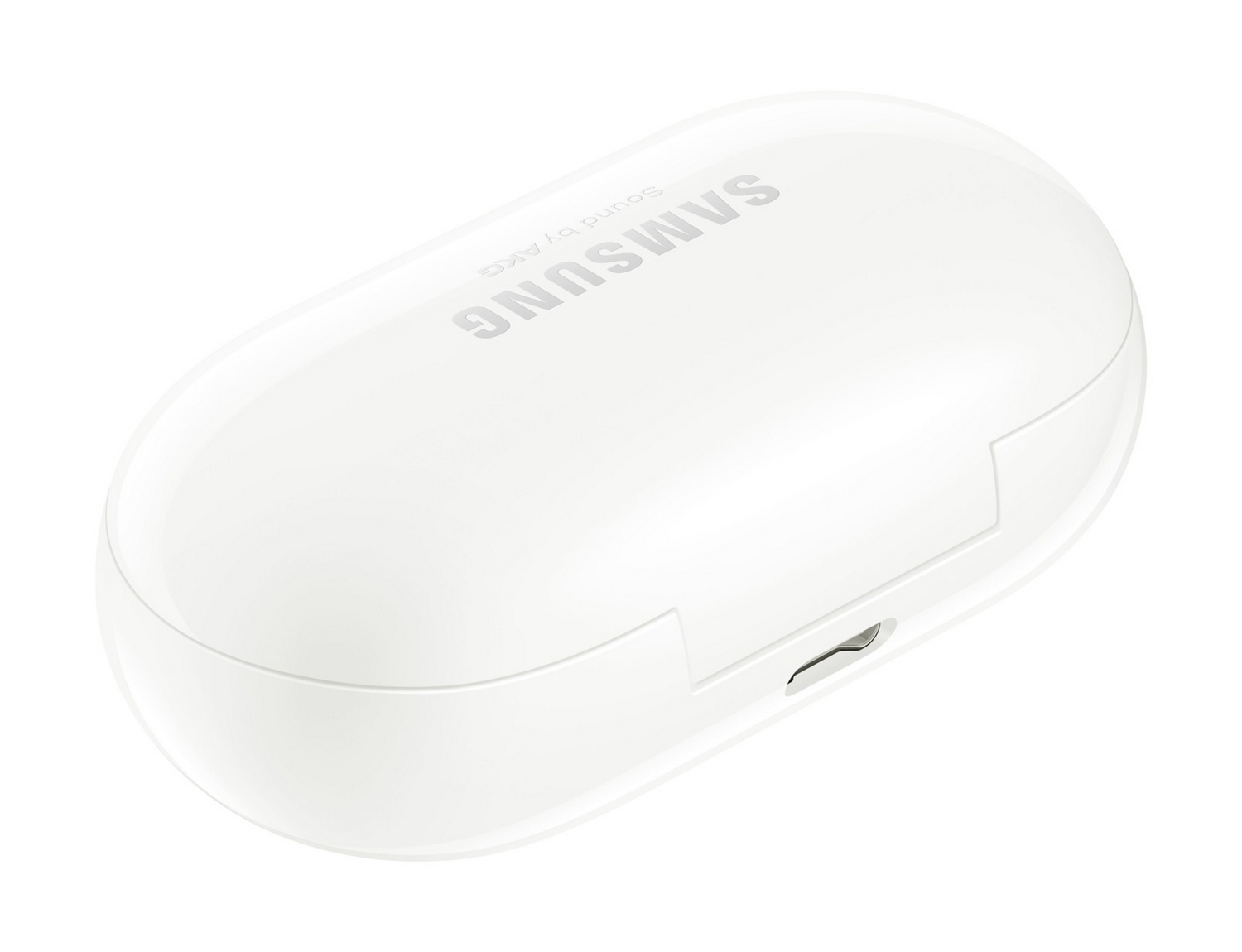 Estuche blanco Samsung Galaxy Buds con el nombre de la marca en la parte superior. El estuche es ovalado y tiene puerto.