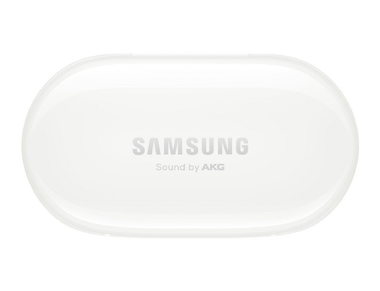 Funda blanca de auriculares con el logo Samsung plateado sobre fondo blanco.