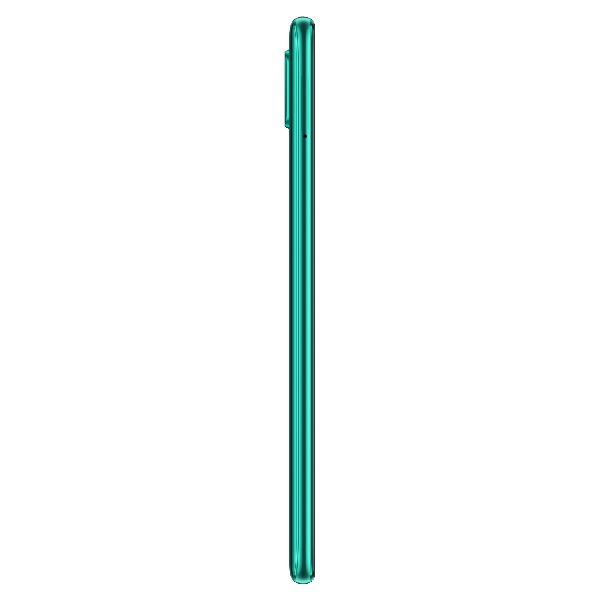 Vista lateral de un smartphone verde azulado con módulo de cámara, bordes negros y fondo blanco liso.