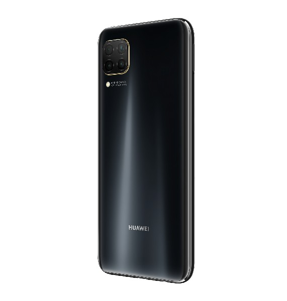 Smartphone negro, vista trasera, con múltiples lentes de cámara y el logo de Huawei.