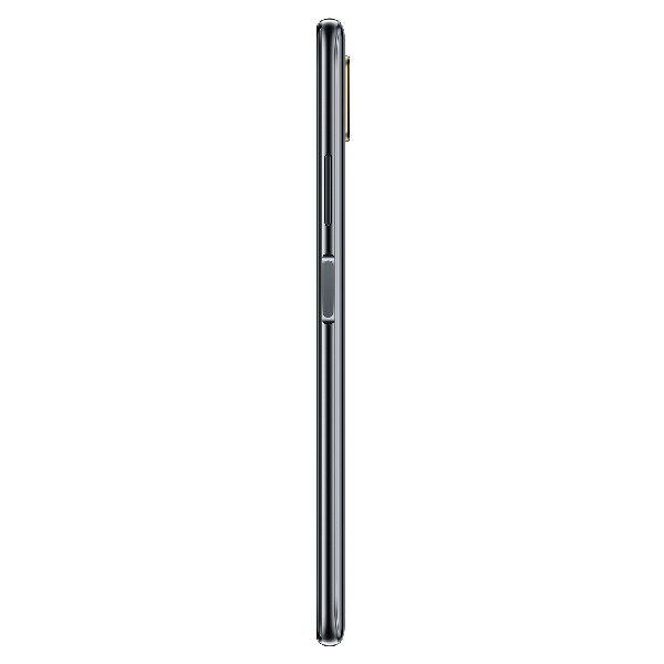Vista lateral del smartphone Huawei negro. Botones de encendido y volumen visibles.