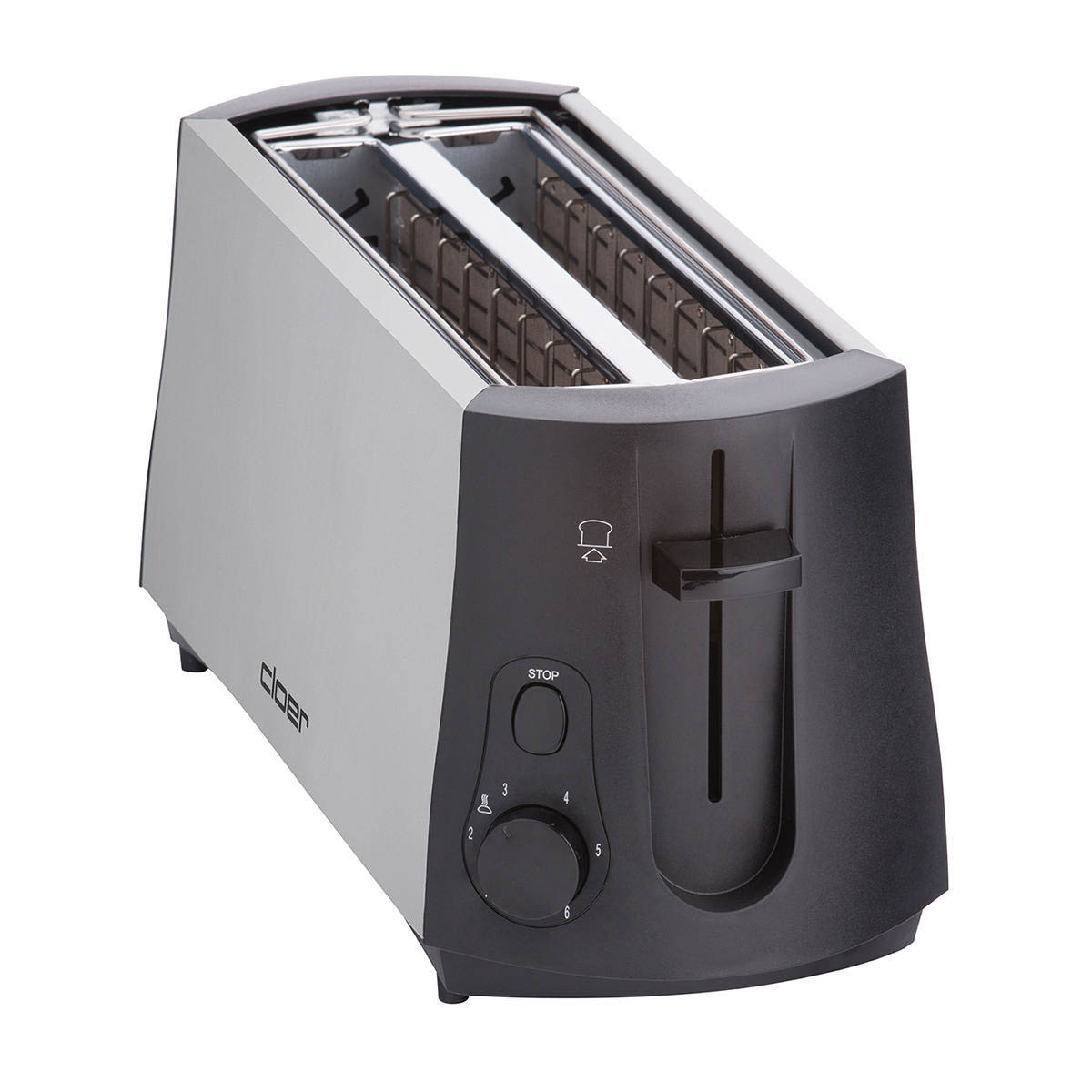 Ein Zwei-Scheiben-Toaster, silber und schwarz, mit Drehknopf und Stopptaste.
