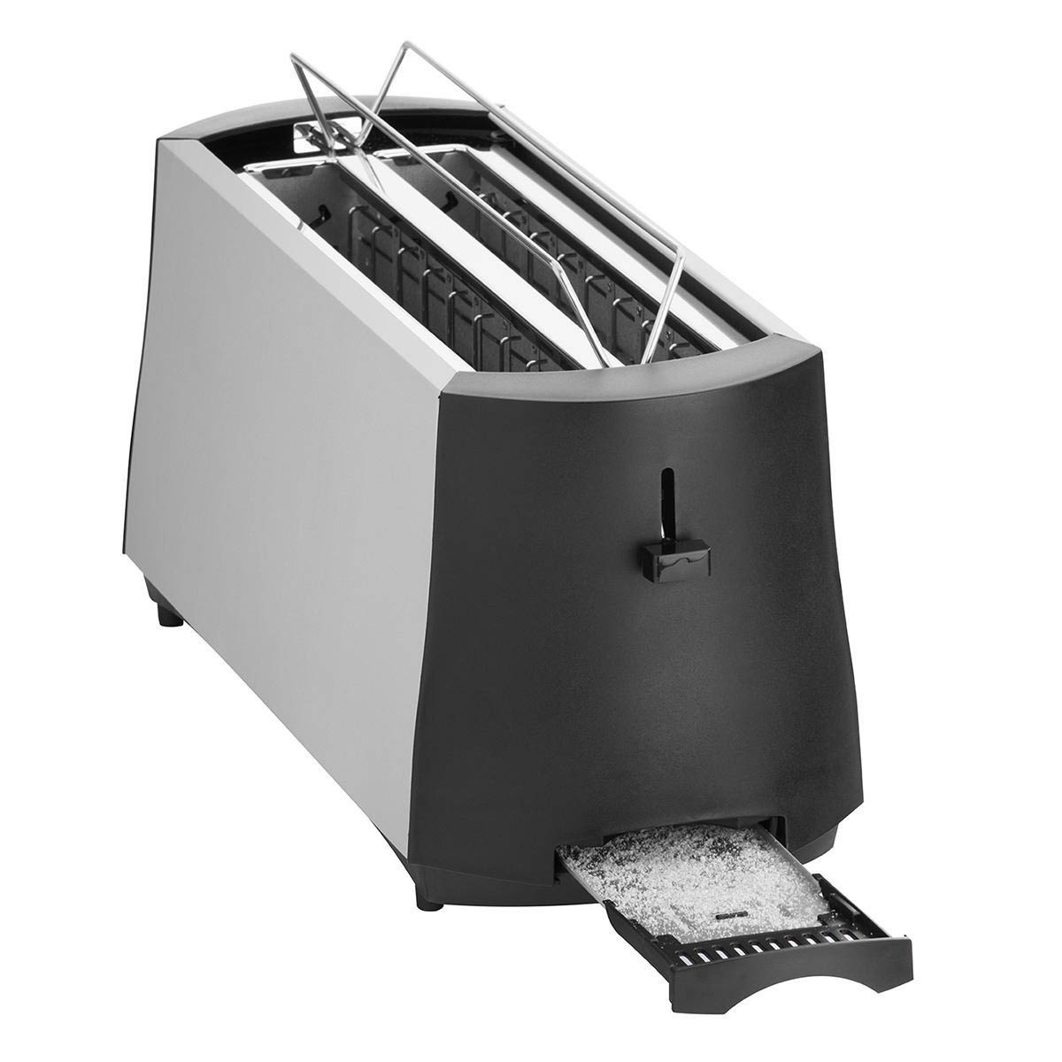 Ein silberner und schwarzer Toaster mit geöffneter Krümelschublade ist abgebildet.