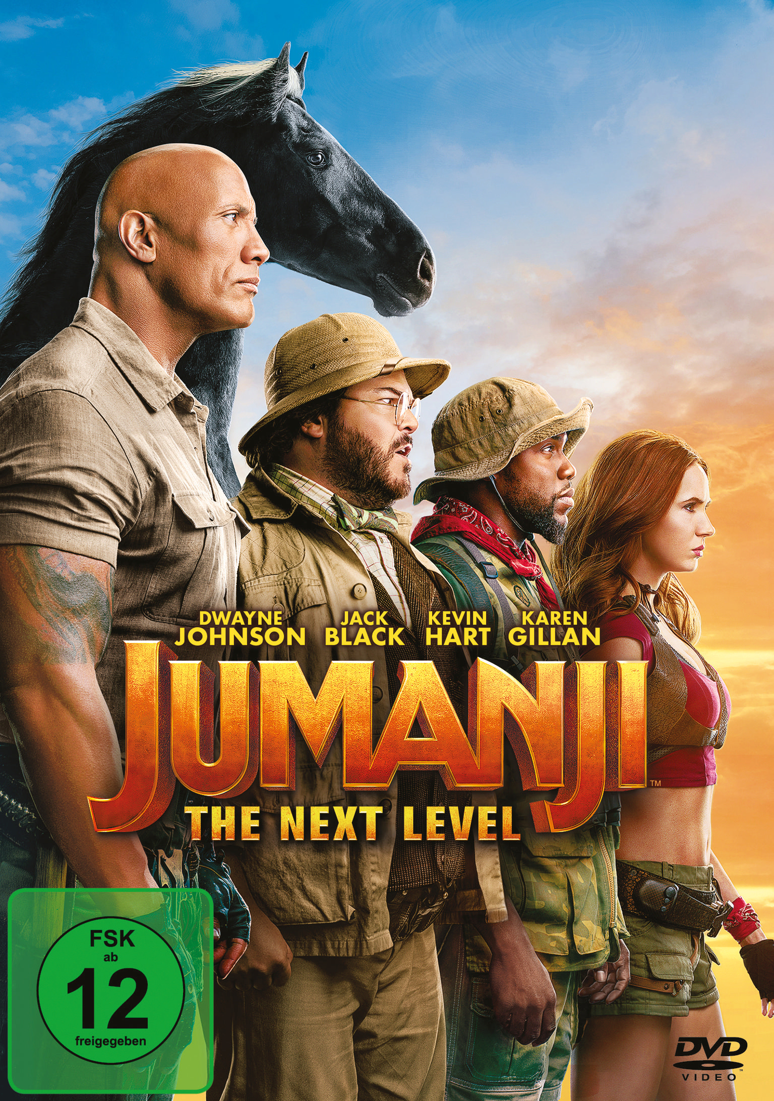 Filmplakat mit Dwayne Johnson, Jack Black, Kevin Hart und Karen Gillan.