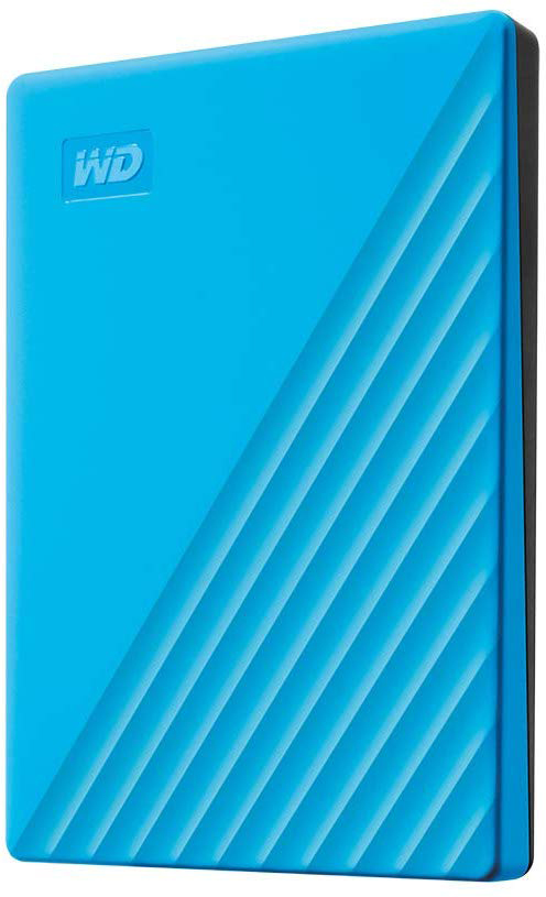 Un disque dur externe bleu avec des lignes diagonales est affiché.