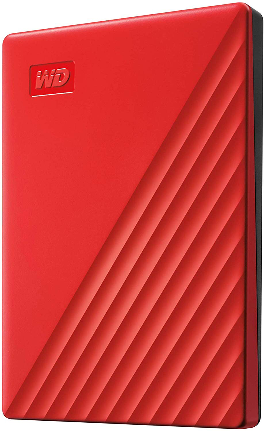 Disque dur externe WD rouge. Rectangulaire, avec lignes diagonales.