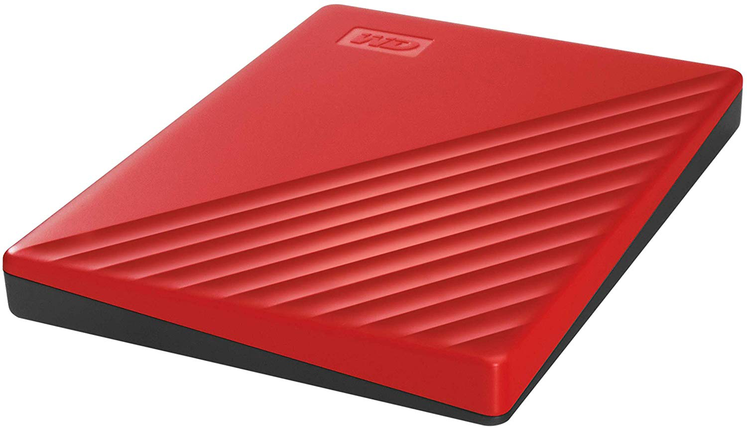 Un disque dur externe rouge avec base noire et logo WD.