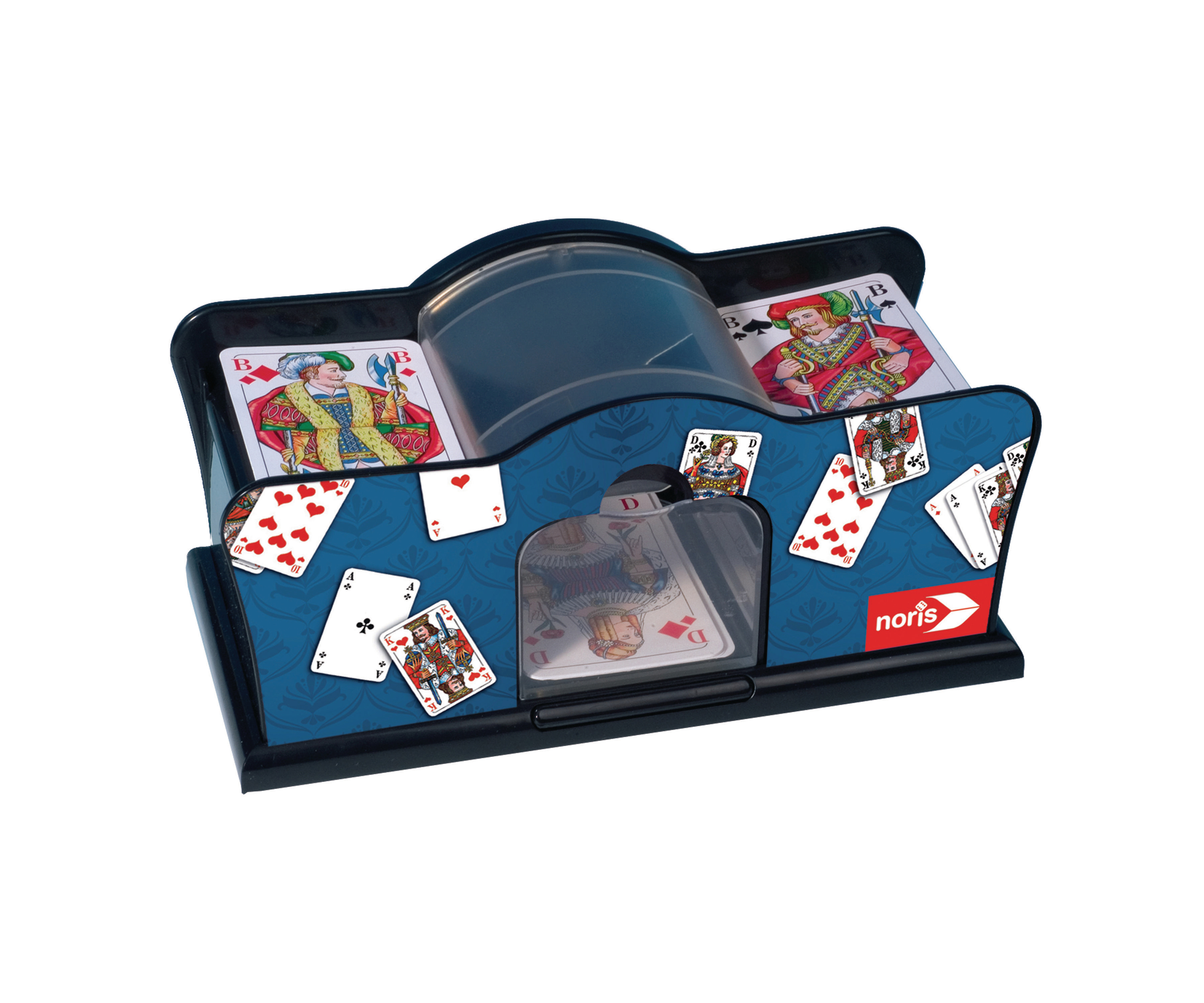 Ein Kartenmischer mit Spielkarten wird auf weißem Hintergrund gezeigt.