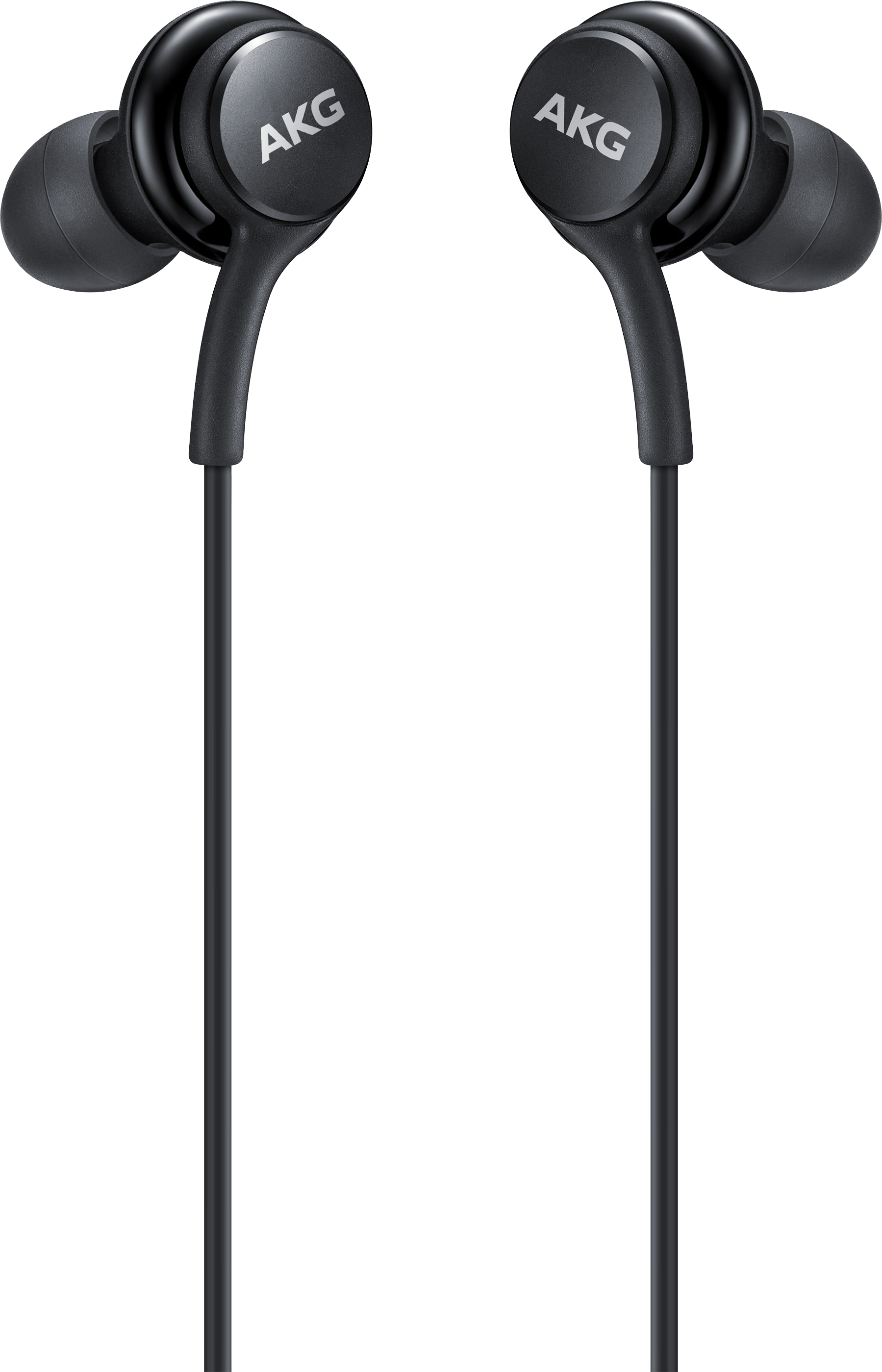 Zwarte AKG oortelefoons met zwarte kabel, tegen een zwarte achtergrond. Het AKG-logo is zichtbaar.