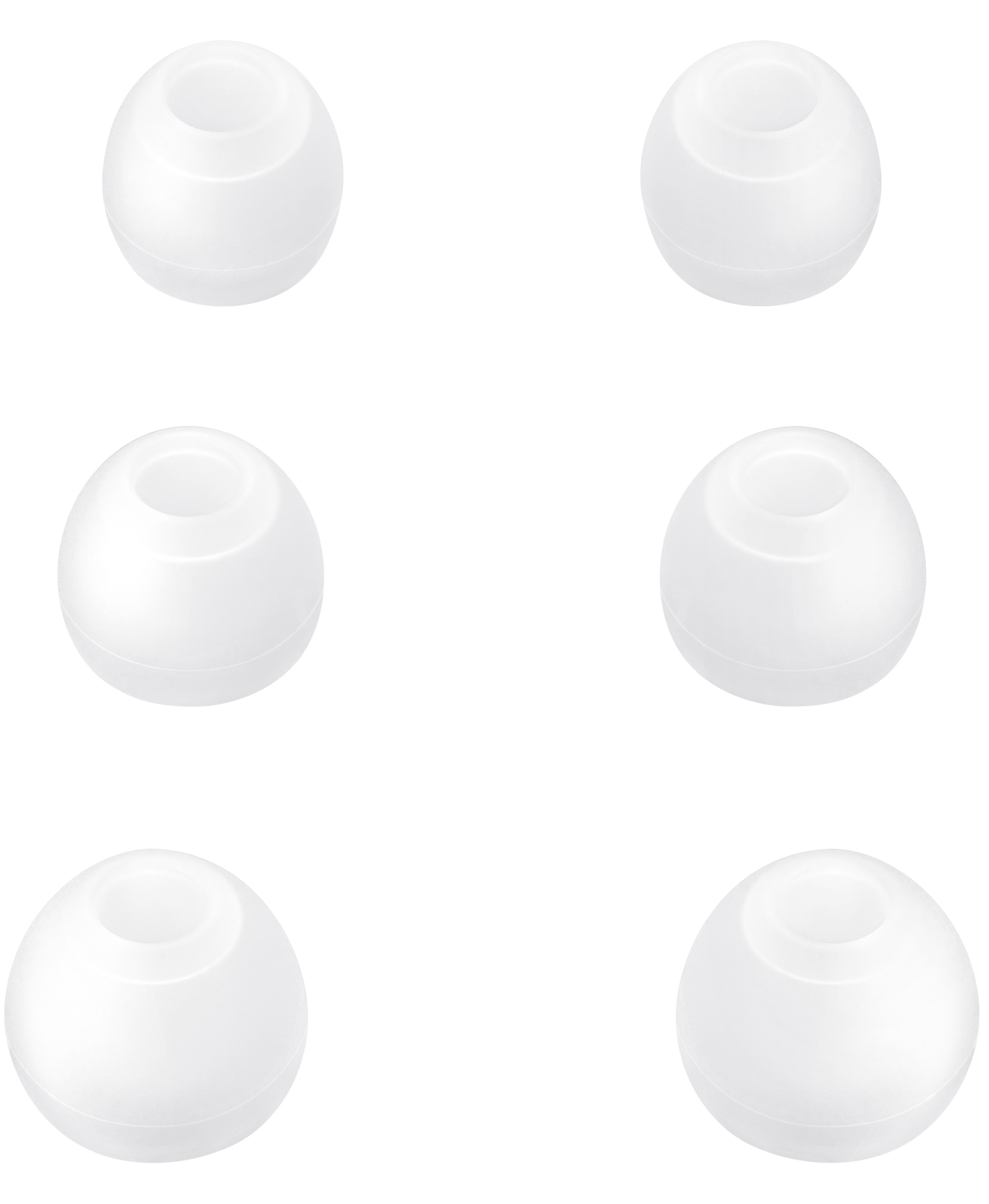 Zes witte, afgeronde oortips op een witte achtergrond. Elk heeft een centrale opening.