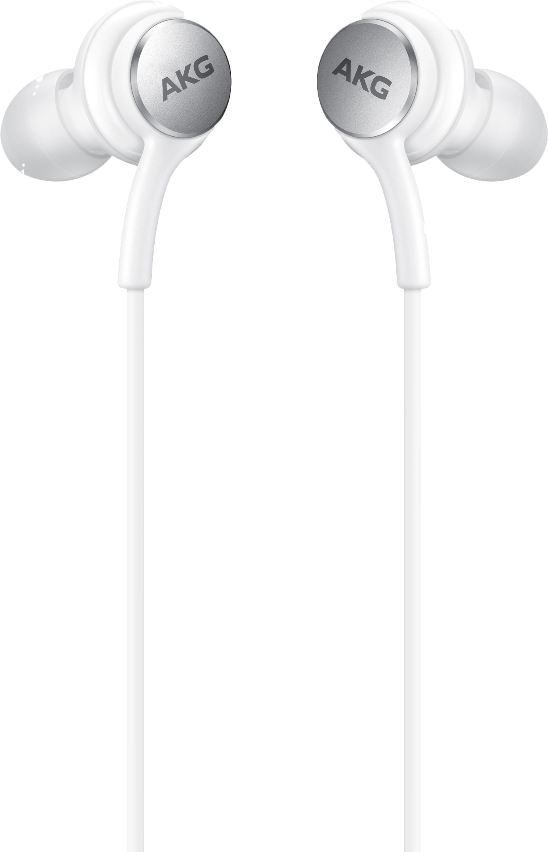 Witte AKG-oortelefoons met zilveren logo's en witte verbindingsdraden.