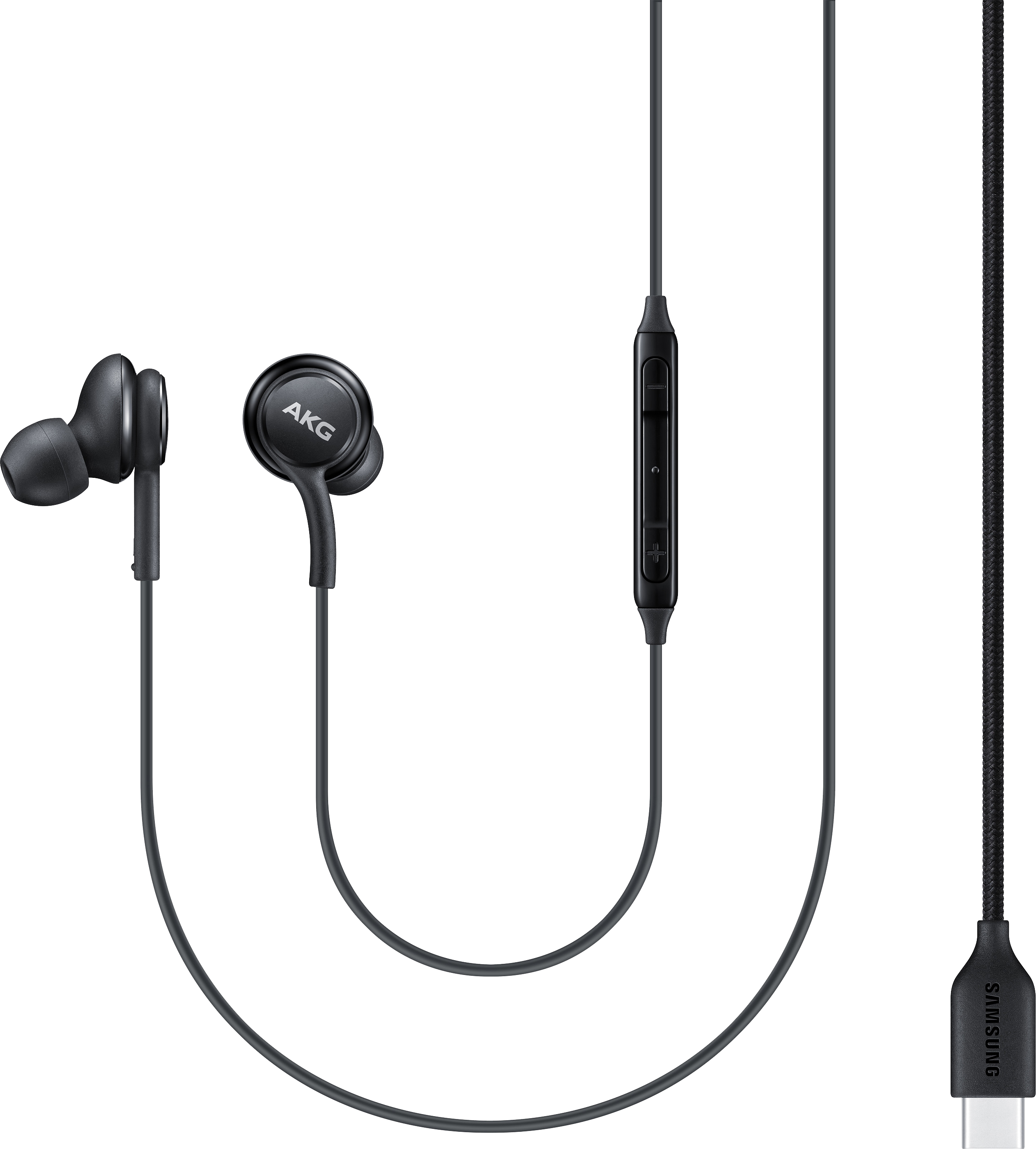Zwarte oortelefoon met bediening en USB-C-connector. De oortelefoon heeft een AKG-logo.