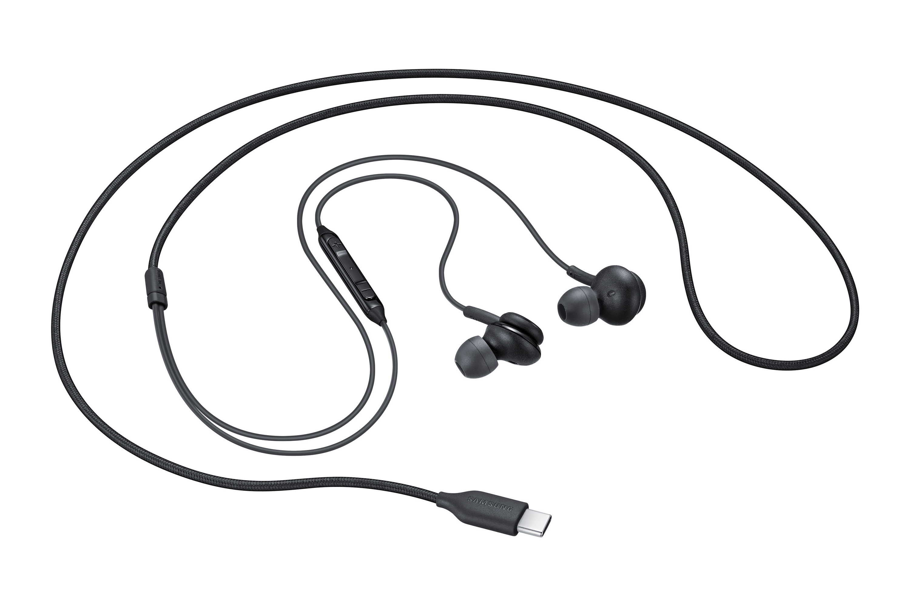 Zwarte bedrade oortelefoons met een USB-C-connector.