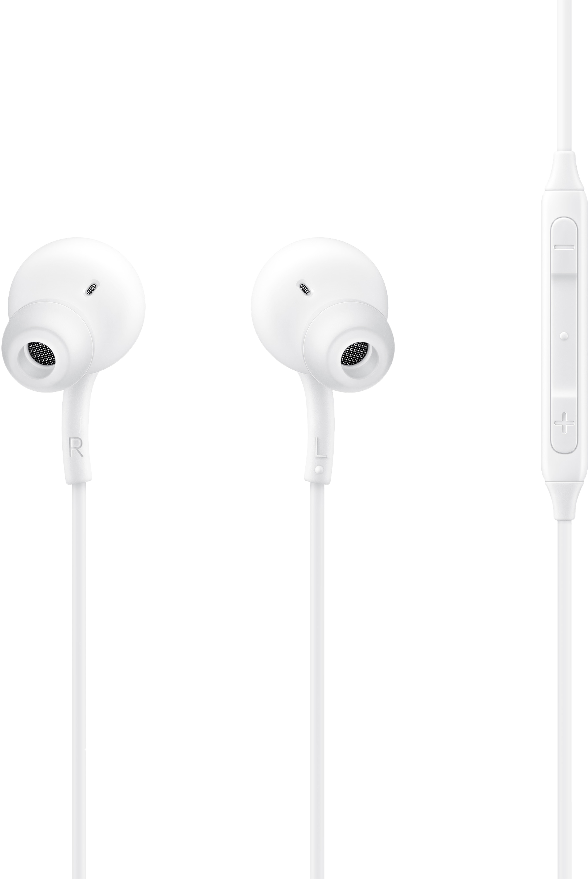 Een paar witte oordopjes met een witte inline-afstandsbediening op een witte kabel.