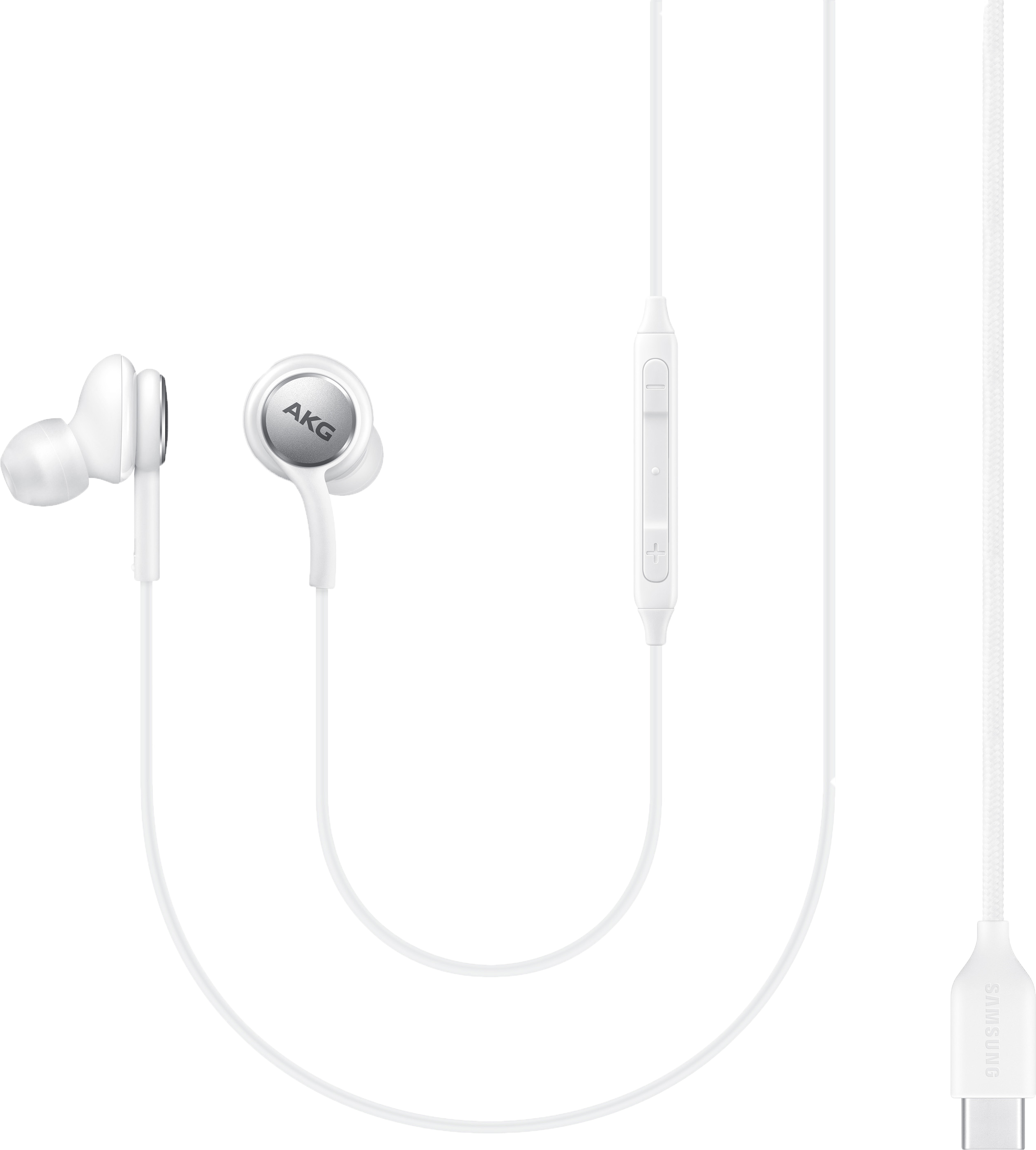 Witte AKG-koptelefoon met een witte kabel en volumeregeling. De kabel eindigt in een USB-C.