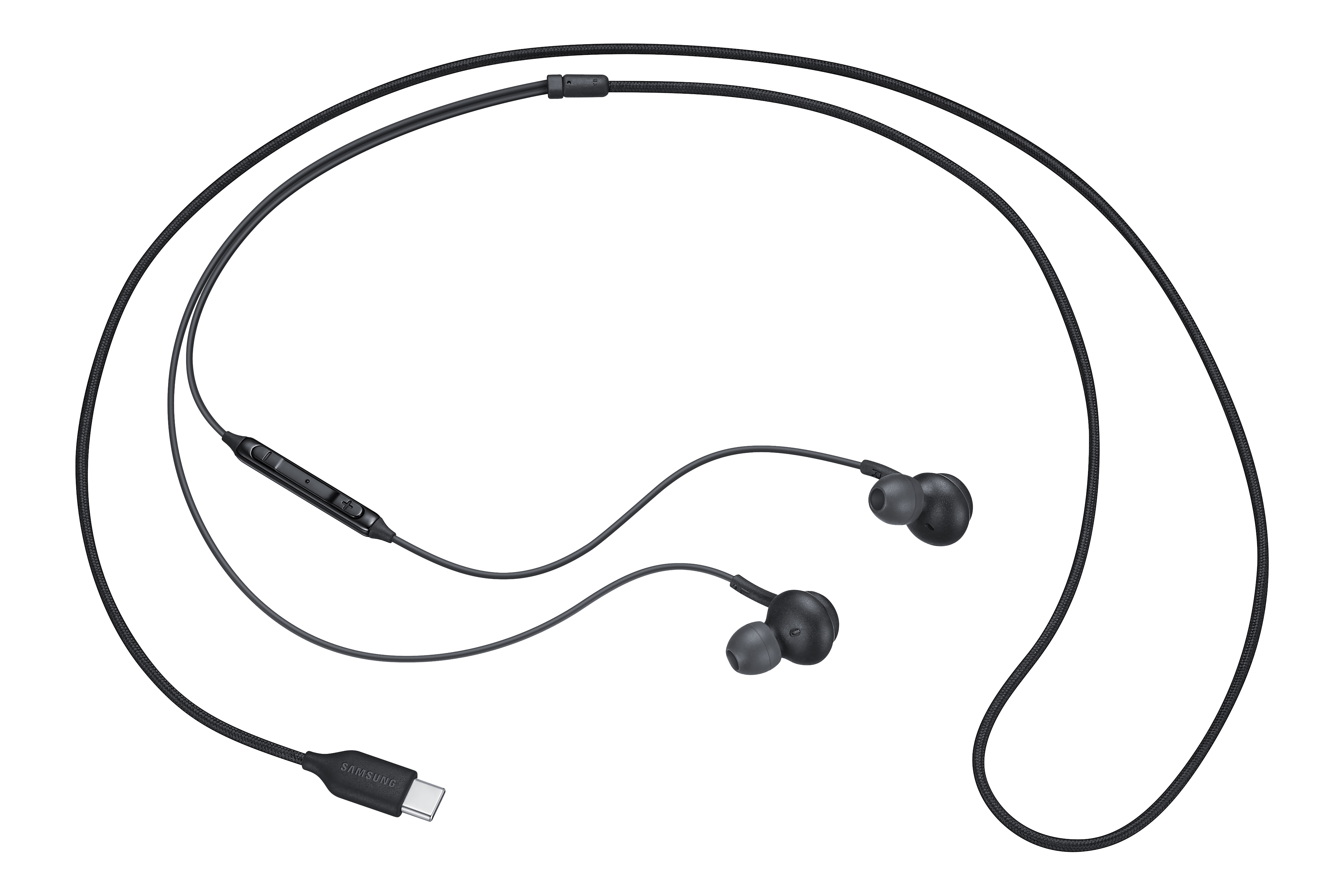 Zwarte oortelefoon met een USB-C-connector. De kabel is ook zwart.