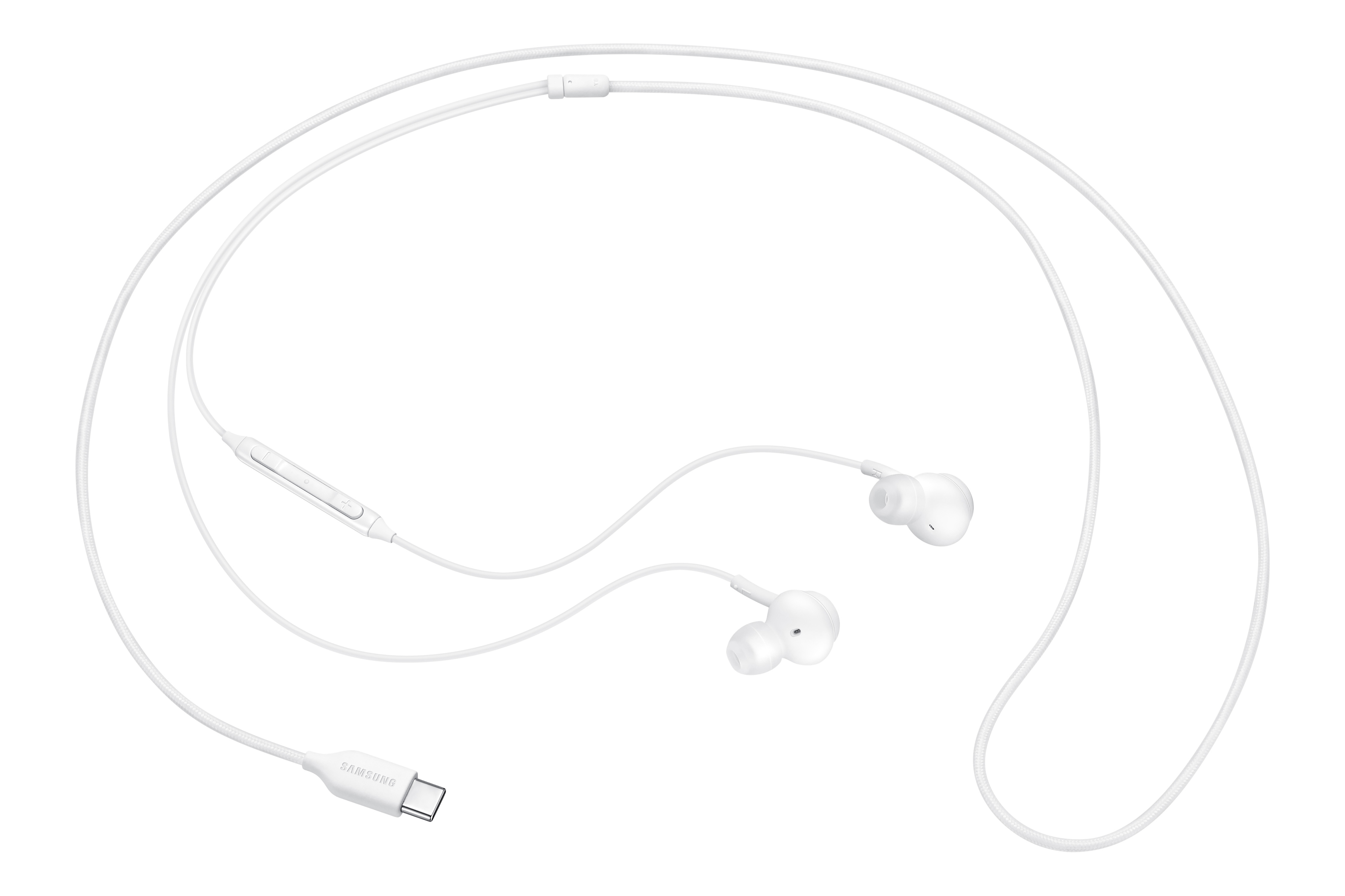 Witte in-ear oortelefoons met een witte kabel en connector.