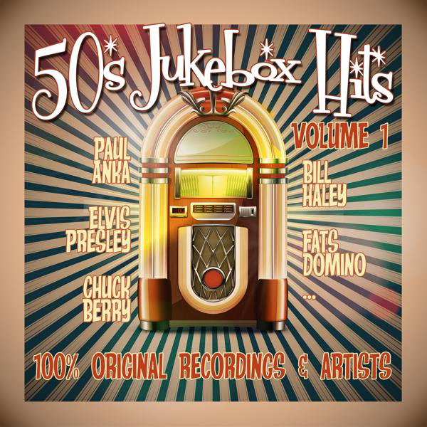 Albumcover. Jukebox-Illustration mit Künstlernamen. 50's Jukebox Hits.