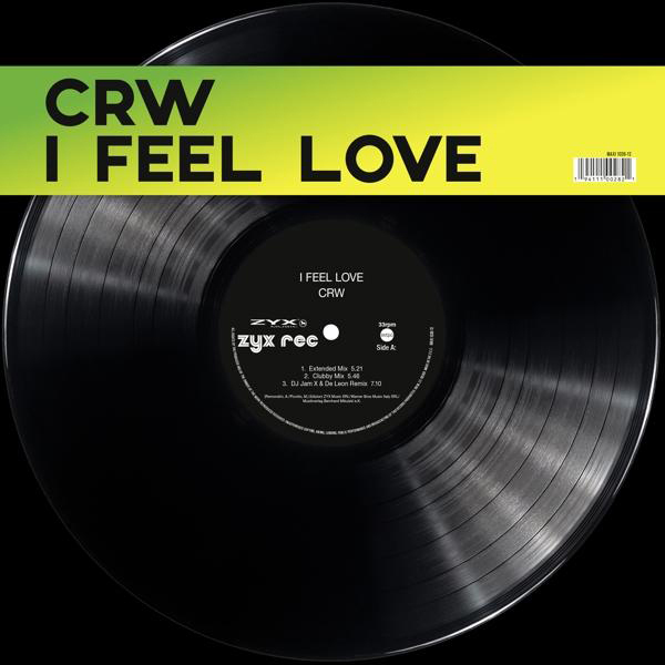 Schwarze Schallplatte mit "CRW I Feel Love" auf grünem Streifen, schwarzer Hintergrund.
