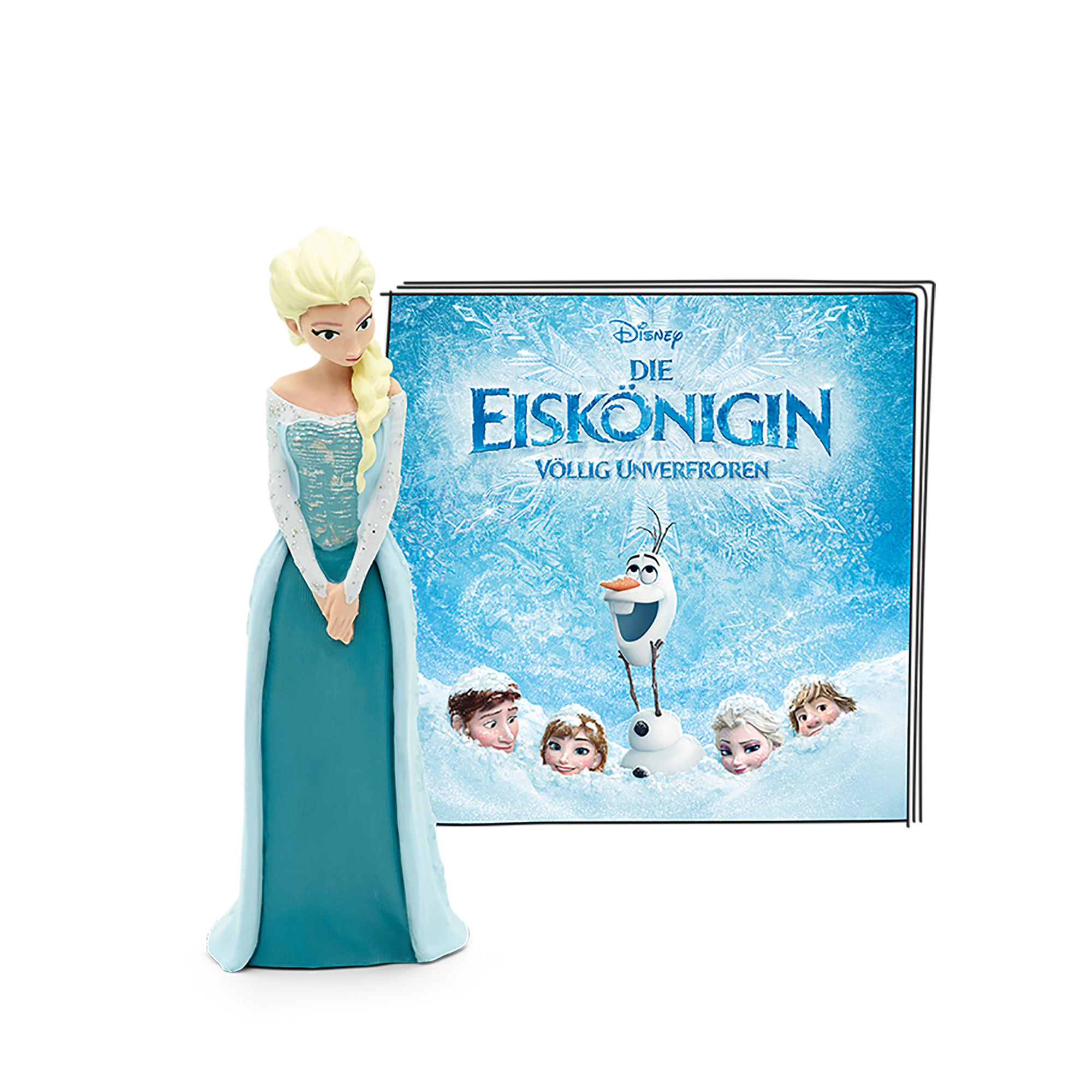Elsa-Figur und Filmcover von "Frozen" auf Deutsch.