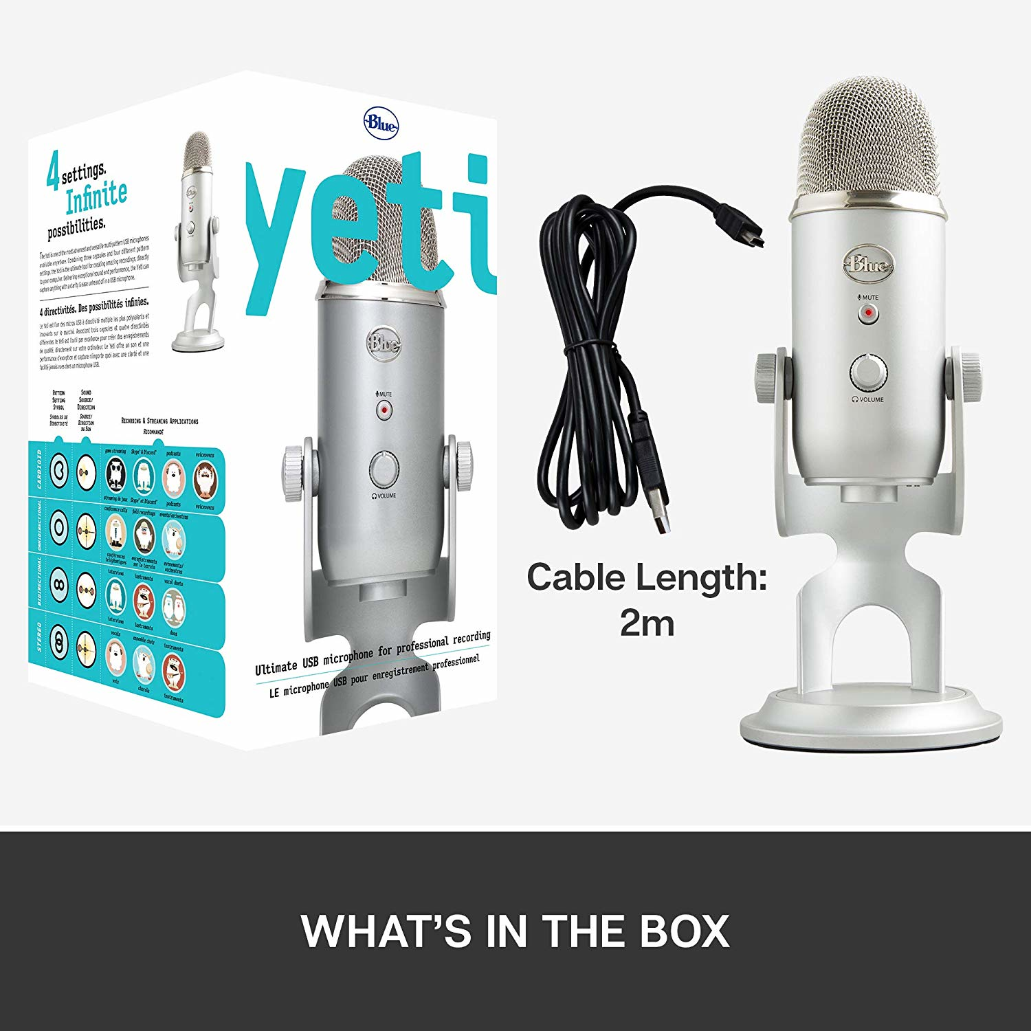 Blue Yeti USB-Mikrofon mit Box und Kabel. Box zeigt das Mikrofon und die Funktionen.