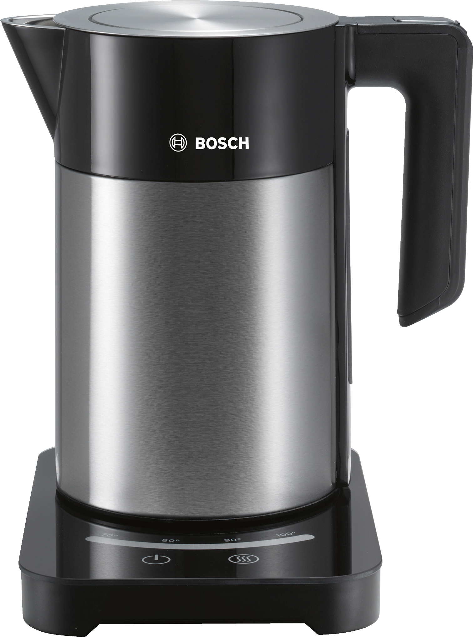 Ein schwarzer und stahlfarbener Wasserkocher mit Bosch-Logo auf der Vorderseite.