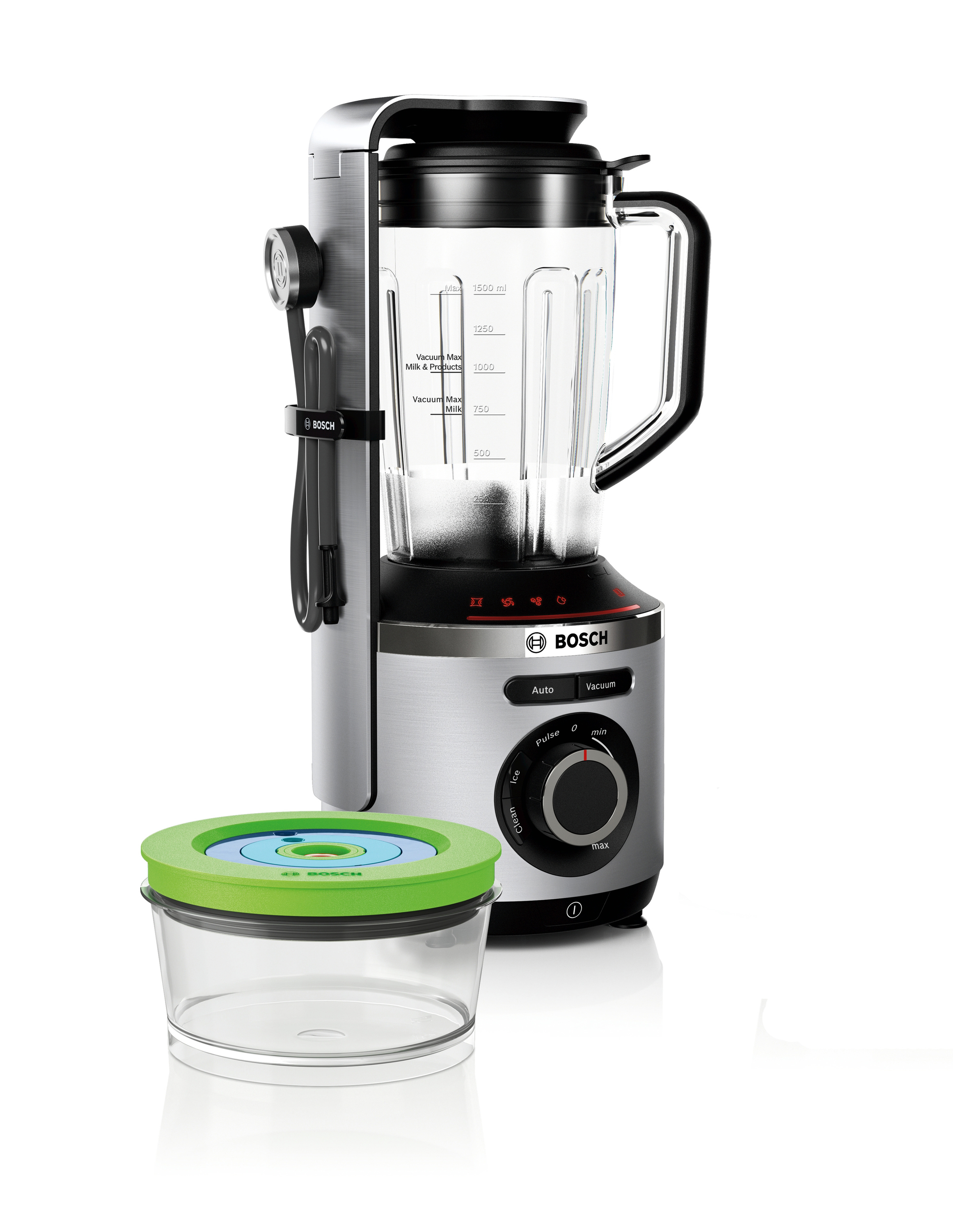 Silber-schwarzer Mixer mit Glasbehälter und Vakuumbehälter.