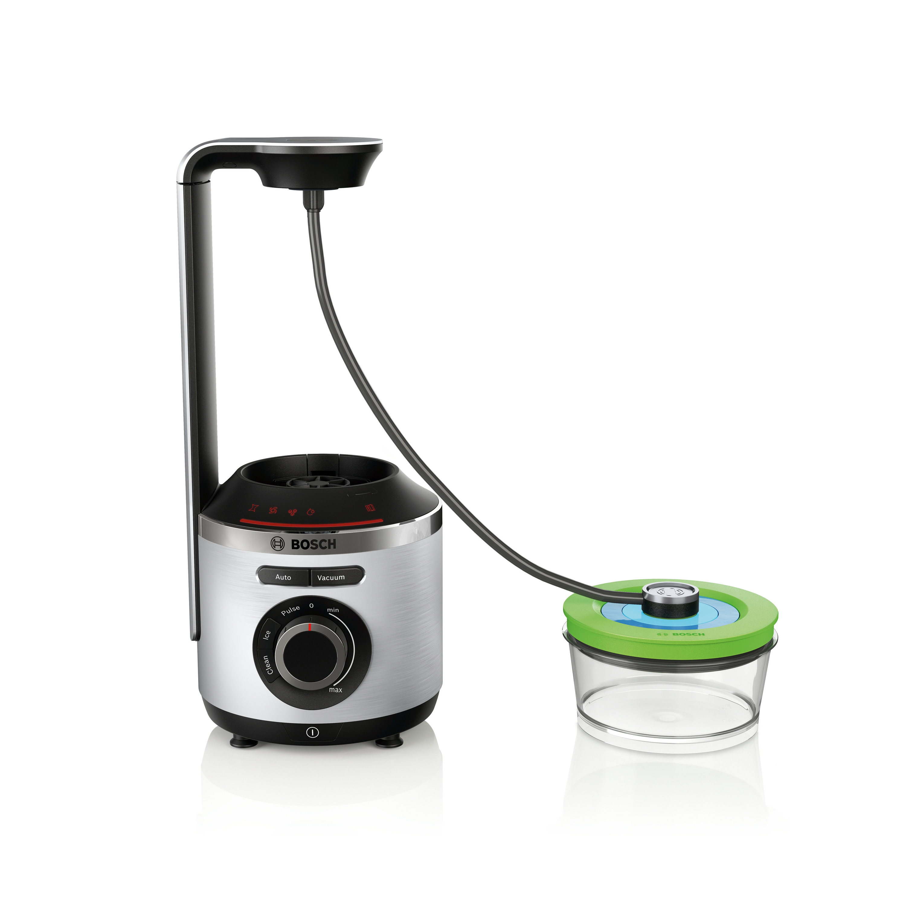 Silberner Mixer mit Vakuumbehälter, vor weißem Hintergrund.