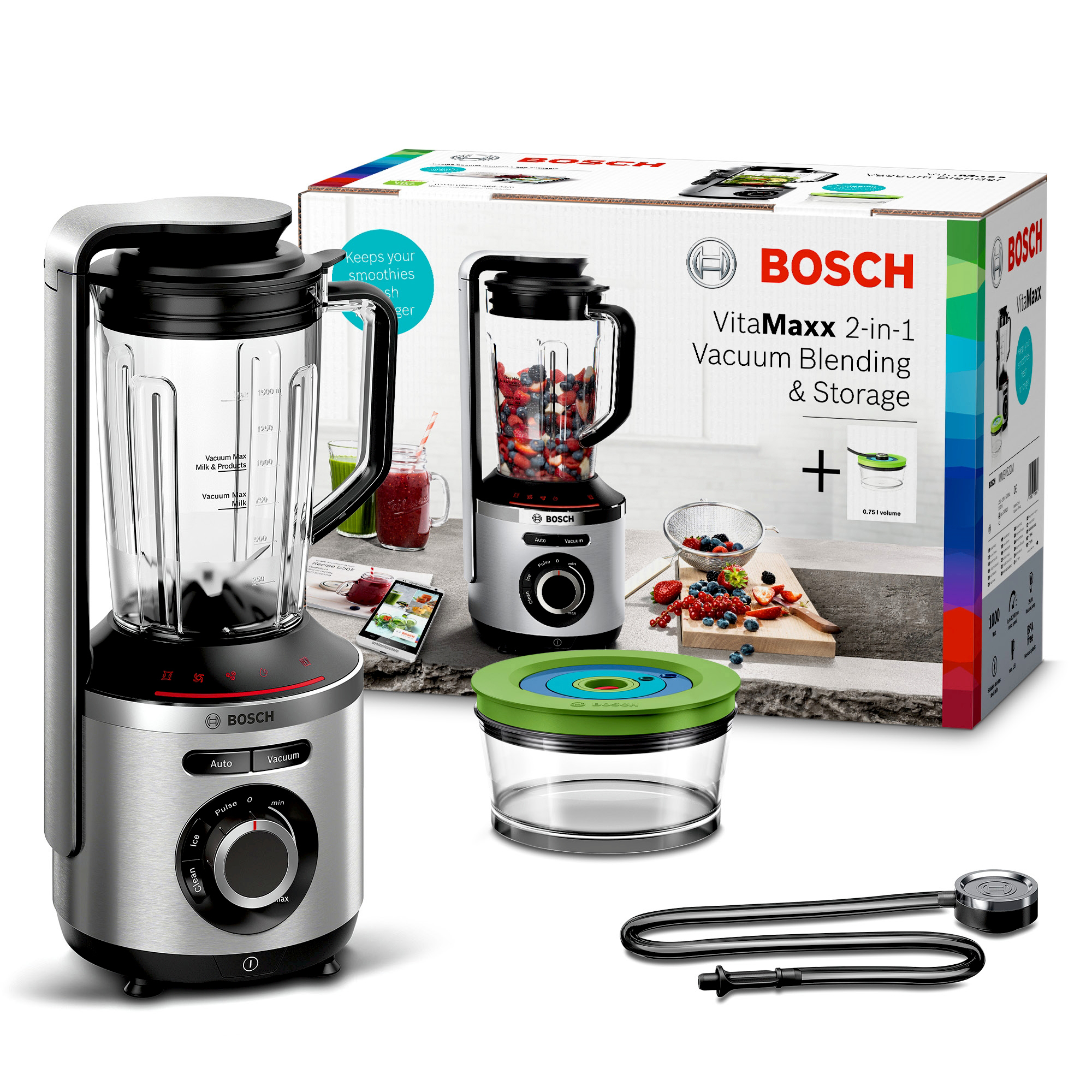 Weißer Bosch Handmixer mit Ständer und Schüssel. Produktdesign-Auszeichnung.