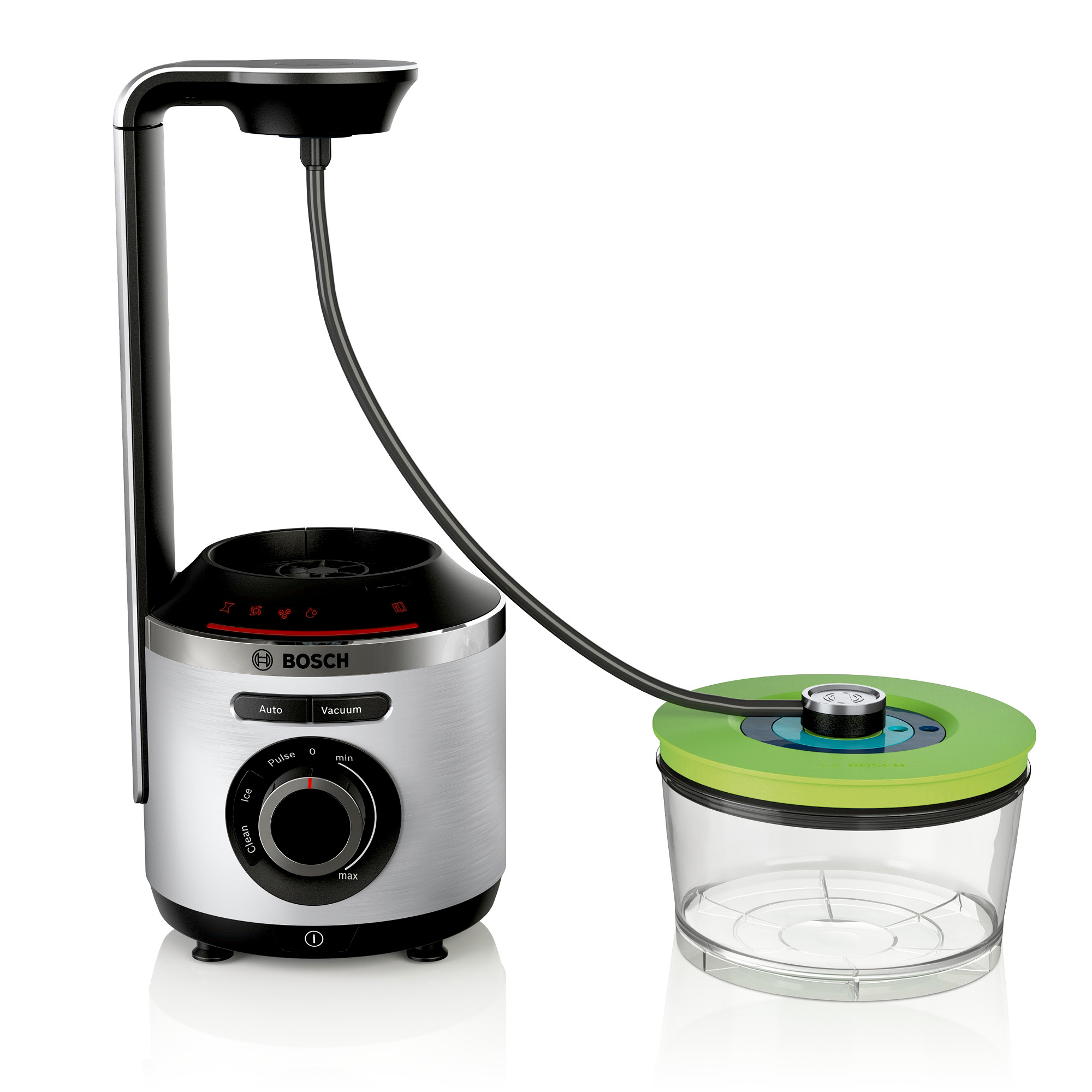 Eine Bosch-Vakuummaschine mit transparentem Beh älter und grünem Deckel.